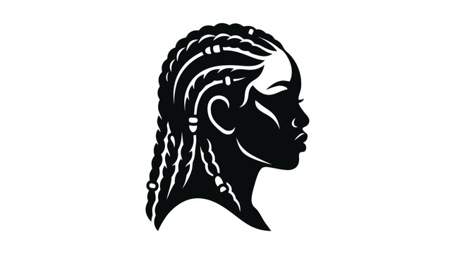 Black and white vector illustration of an African woman profile silhouette with elegant braided cornrow hair and decorative beads on white background