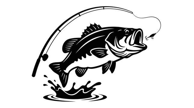 Black and white vector art of a largemouth bass leaping from splashing water to catch a hook on a curved fishing rod isolated on white background