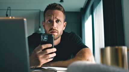 Fototapeta premium A man sitting at a desk looks at his phone with a concerned expression. He appears focused and engaged. This modern workspace reflects a casual yet professional style. AI