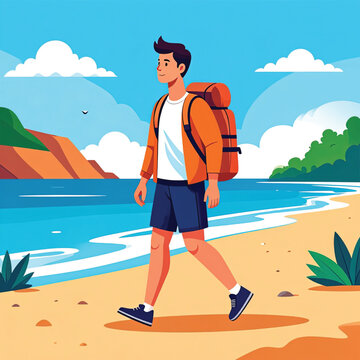Man walking on sandy beach vacation.