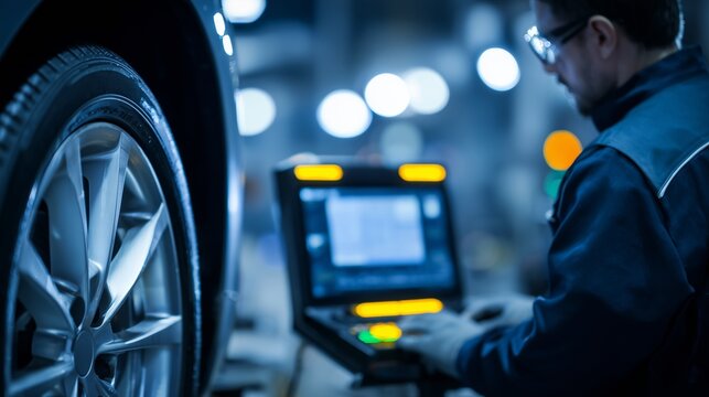 Mechanic uses diagnostic tool on vehicle in garage at night