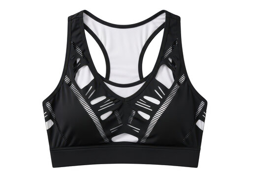 Black sports bra with white lace details isolated on transparent background
