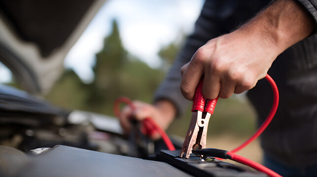 Close-up of a person's hand connect car battery jumper cables to a vehicle in need of a jump start, roadside assistance, breakdown