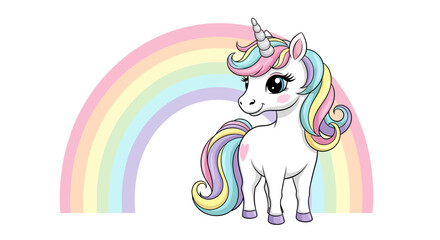 A colorful unicorn stands beside a vibrant rainbow in a whimsical scene. © Reynaldi