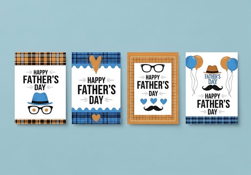 Four father's day card with plaid patterns and mustaches