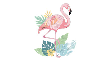 A pink flamingo stands among colorful tropical leaves and flowers in a serene natural setting. © Reynaldi