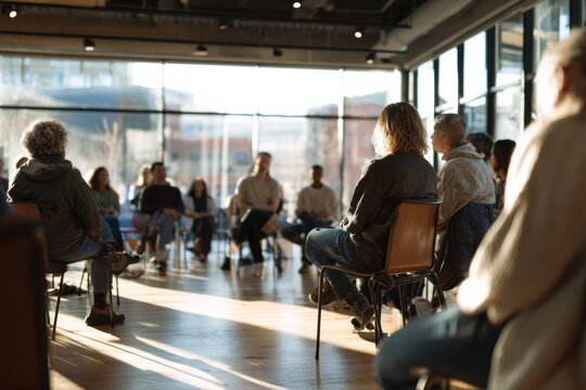 Community forum or public townhall meeting. Group sitting in chairs listening to teacher at interactive workshop or lecture with bright natural light, view from behind showing backs of audience.