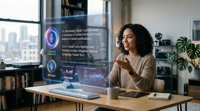 Happy woman using voice controlled cognitive assistant hologram for research and data analysis in a bright home office.