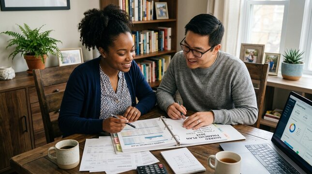 Happy young diverse couple reviewing shared financial plan folder together in cozy home office with laptop and coffee.