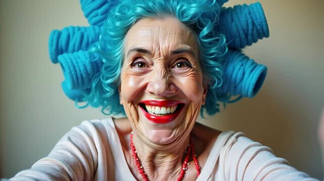 Elderly woman with blue curlers and bright red lipstick smiles widely while taking selfies, showcasing her joyful expression in a well-lit indoor setting