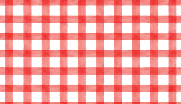 Seamless hand painted red gingham check pattern with soft watercolor texture. Warm cheerful plaid background ideal for fabric, wallpaper, packaging, stationery, kitchen and summer designs