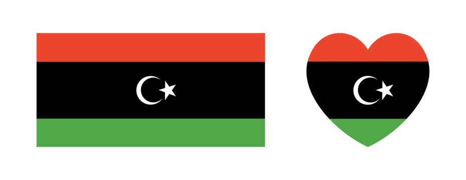 National rectangular, heart flag of Libya icon, sticker set. Rectangle, heart flag Libya badge, banner, button.