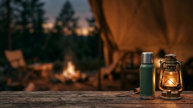 Camping scene at dusk with a lantern and thermos on a wooden table