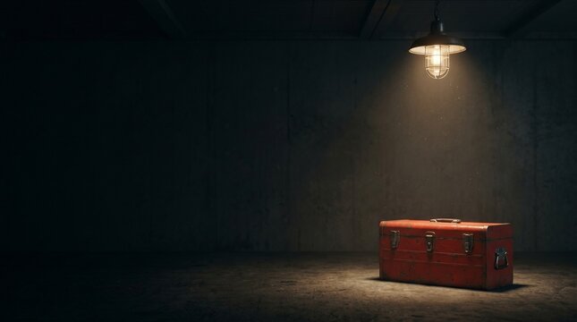 Vintage red toolbox under a single industrial light in a dark concrete room