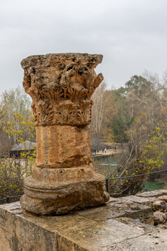 A column from the Temple of Pan in the Banias Nature Reserve in northern Israel on a rainy Winter's day.
