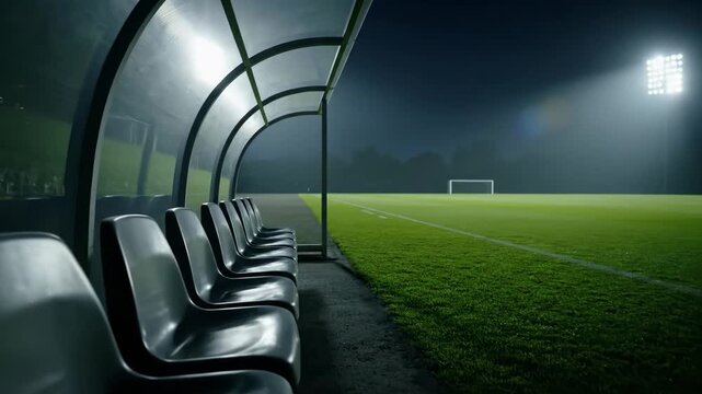 Soccer stadium bench at night under bright floodlights with calm atmosphere in soccer 2026 summer 2026 football floodlight sport arena pitch