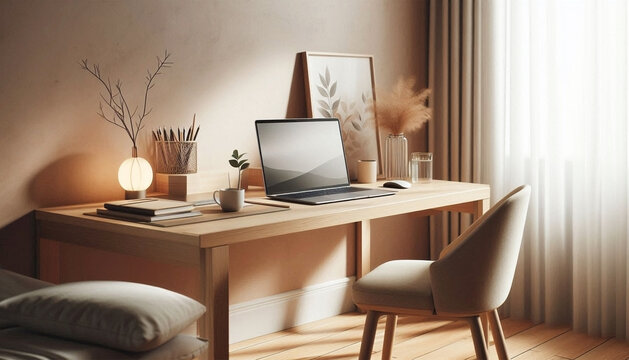 Warm Minimalist Home Office Desk Setup with Laptop and Natural Light