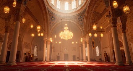 Obraz premium Holy beautiful muslim or arab mosque interior, religion concept, AI generated image 