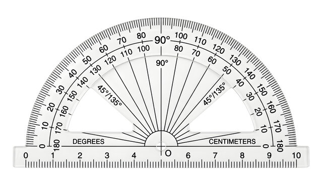 Clear plastic semi circular protractor ruler isolated on white background