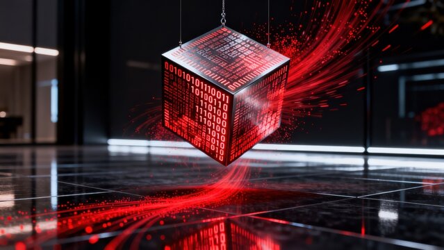 Floating cube with binary code and red light trails