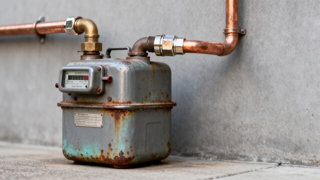 Rusty gas meter with copper pipes