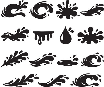 Collection of black water splash icons liquid wave and drop elements for design isolated on white background
