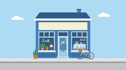 Obraz premium Cute blue cafe storefront exterior, small coffee shop facade with bicycle on street sidewalk, flat vector illustration