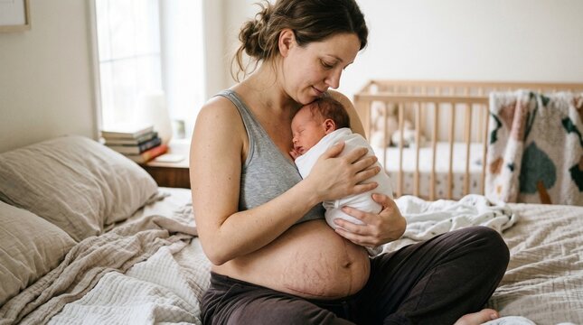 New mother sitting on bed holding newborn baby, showing postpartum stomach with stretch marks and cesarean scar.