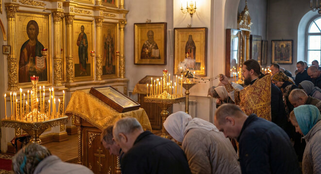 Orthodox church service with priest in golden vestments and parishioners praying at iconostasis, lit candles gospel book traditional religious ceremony concept.