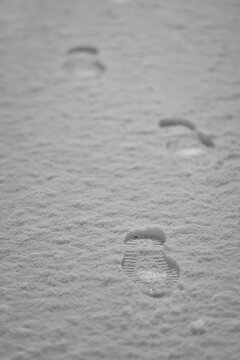 Winter boot footprints in fresh snow on sidewalk as evidence