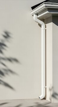 Clean white PVC downpipe system on textured exterior wall with tree shadows and copy space