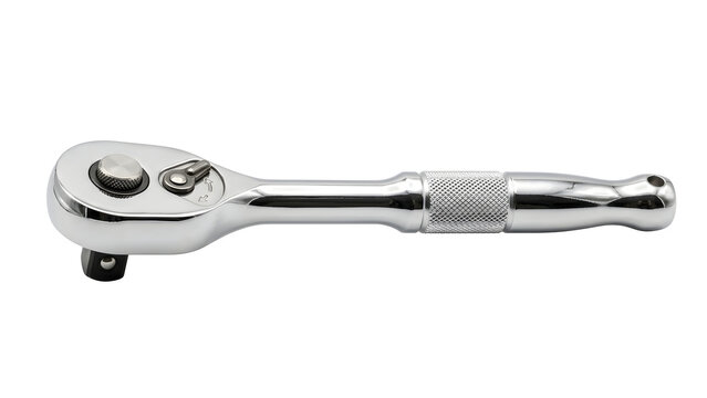 Silver metallic reversible socket ratchet wrench hand tool isolated on white background