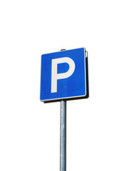 Isolated blue parking sign with white letter P symbol on a metal pole for traffic regulations © Oisin