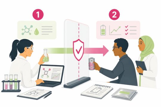 Laboratory experiment with scientists sharing research data across a protective barrier in a modern chemistry workspace