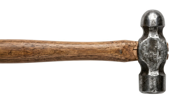 Traditional ball peen hammer with solid wooden handle isolated on white background