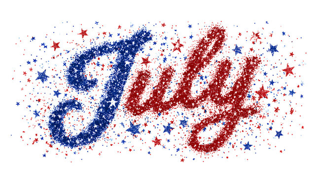 July Handwritten Brush Script Typography Design with Red White and Blue Glitter Stars for Patriotic Holiday Celebration
