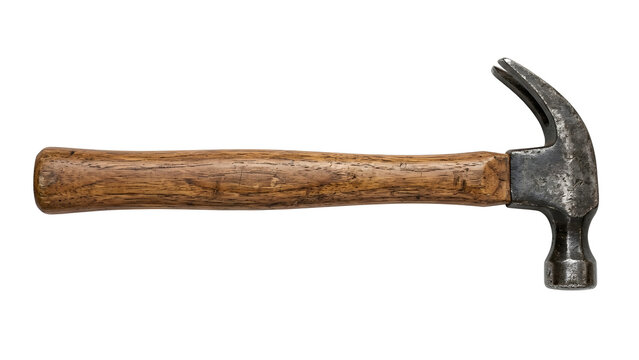 Traditional claw hammer with polished steel head and wooden handle isolated on white background