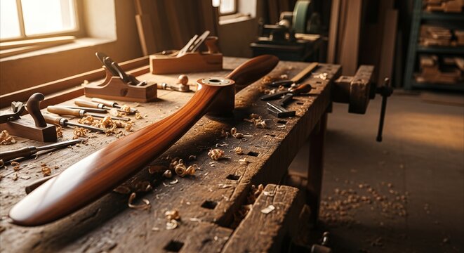 Vintage Wooden Airplane Propeller on Rustic Workbench in Woodworking Workshop, Golden Hour Light