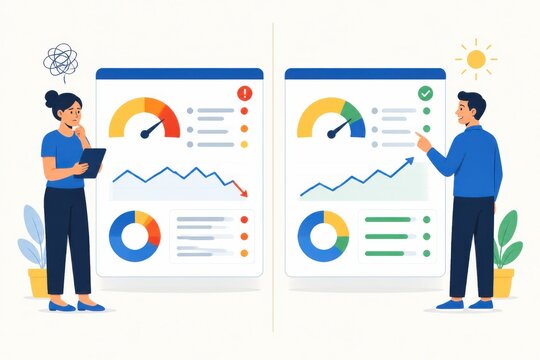 Business analytics dashboard comparison illustration with performance charts and reporting interface