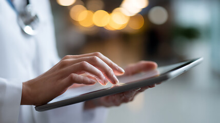 Medical professional hands interact with digital tablet, healthcare technology focus, close-up, modern doctor, hospital setting, data management, innovation