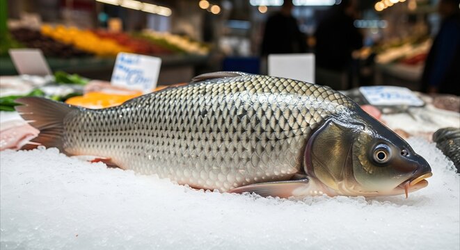 Fresh Silver Bighead Carp fish displayed on crushed ice at a vibrant, bustling seafood market, showcasing culinary ingredient and gourmet presentation