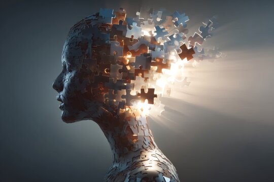 Woman With Puzzle Pieces Emerging From Head in a Bright Aura of Light and Energy in a Hyper-Realistic Style