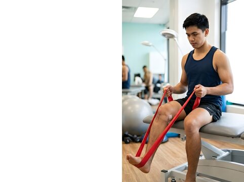 Asian man doing knee rehab using a red resistance band while sitting in a clinic with bright lights.