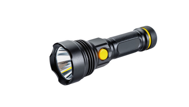Isolated robust black LED flashlight with bright yellow button, portable outdoor gear.