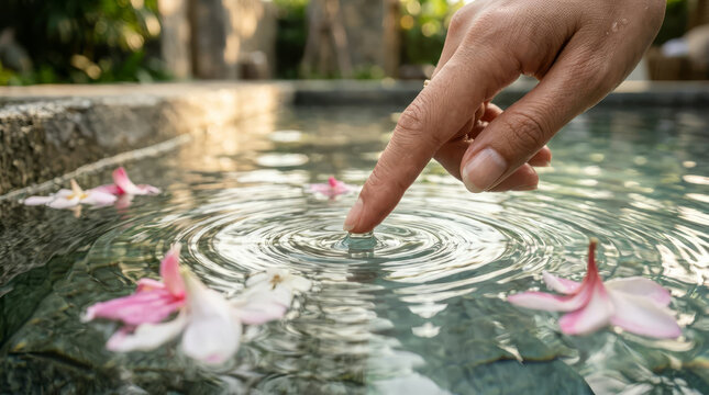 Human finger touching water surface in a spa pool with floating plumeria flowers.