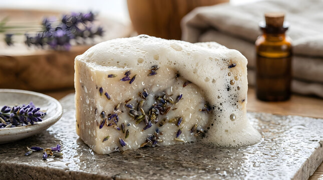 Lavender soap bar in a spa setting with soapy lather and fresh flowers