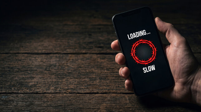 Man hand holding smartphone with circle of barbed wire graphic on screen. Internet blocking, social media censorship and restricted access. Digital connectivity failure and network error.
