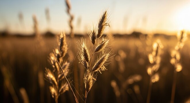 Golden wheat field at sunset with warm light