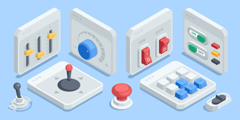 Isometric vector set of controls, in color on a blue background, buttons and switches, as well as a joystick and sliders © Trostinka_25