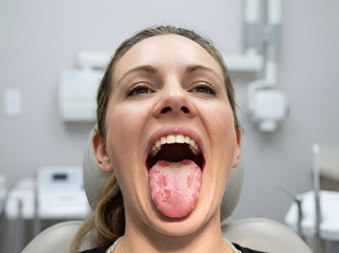 Frontal view of woman showing geographic tongue during dental examination in a clinical office space